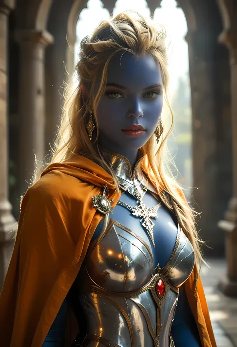 picture of a female cleric ((dark blue skin)), intense details facial details, exquisite beauty, cleric, ((dark blue skin)) female, ((yellow hair)), long hair, (((no ears))), (green eyes)), armed with a fiery sword red fire, wearing (twilight priestly comb...