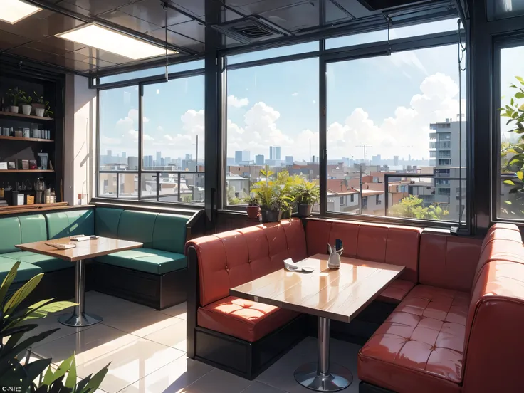 Cafe table by the window, sky surrounded by small sofas on two opposite sides. From the window there is a wonderful view of the city and small vegetation near the cafe. Without a single living soul, without people. The cafe is large and there are a couple ...