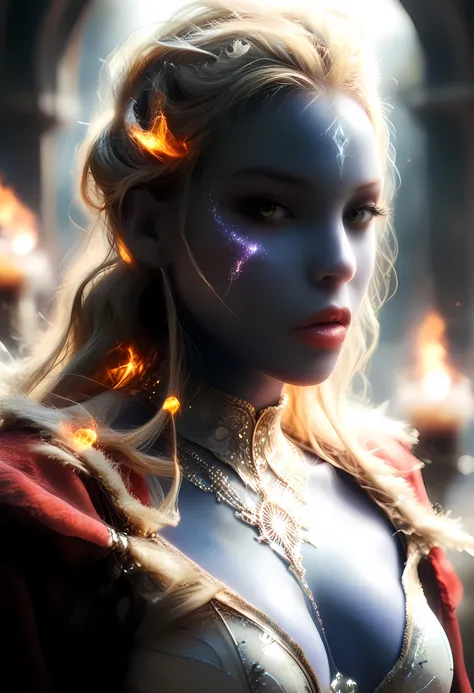 a picture of a female cleric ((dark blue skin)), intense details facial details, exquisite beauty, cleric, ((dark blue skin)) female, ((yellow hair)), long hair, (((no ears))), (green eyes)), armed with a fiery sword red fire, wearing (twilight priestly c...