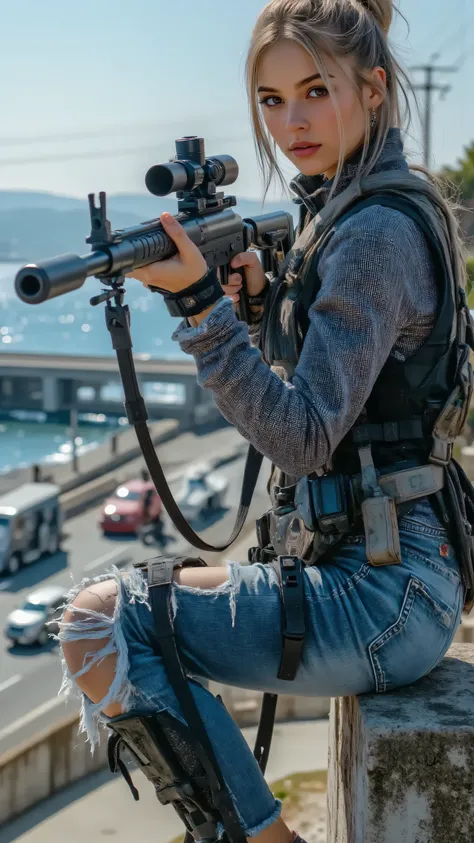 (masterpiece, best quality:1.2), A bold female anti-hero, early 20s, with a piercing glare, positioned on a bullet-riddled motorcycle on a Los Santos coastal highway overpass at dusk, aiming a compact submachine gun with deadly focus. Her ripped denim vest...