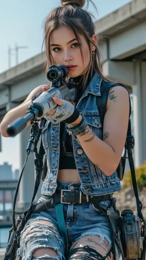 (masterpiece, best quality:1.2), A bold female anti-hero, early 20s, with a piercing glare, positioned on a bullet-riddled motorcycle on a Los Santos coastal highway overpass at dusk, aiming a compact submachine gun with deadly focus. Her ripped denim vest...