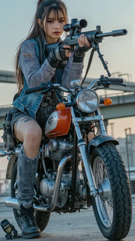 (masterpiece, best quality:1.2), A bold female anti-hero, early 20s, with a piercing glare, positioned on a bullet-riddled motorcycle on a Los Santos coastal highway overpass at dusk, aiming a compact submachine gun with deadly focus. Her ripped denim vest...