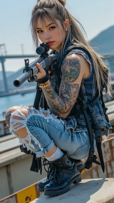 (masterpiece, best quality:1.2), A bold female anti-hero, early 20s, with a piercing glare, positioned on a bullet-riddled motorcycle on a Los Santos coastal highway overpass at dusk, aiming a compact submachine gun with deadly focus. Her ripped denim vest...