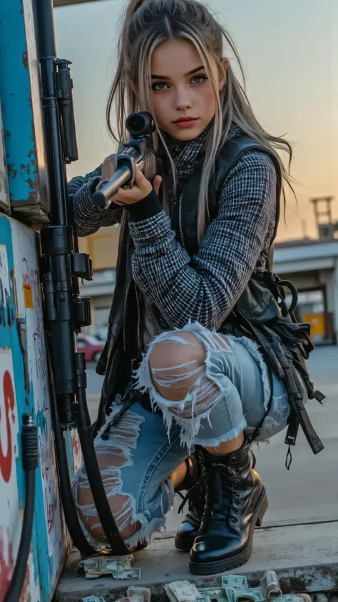 (masterpiece, best quality:1.2), A rebellious female gang member, early 20s, with a determined glare, crouched behind a bullet-scarred gas pump at a trashed Los Santos gas station at twilight, aiming a sleek assault rifle with deadly focus. Her torn hoodie...