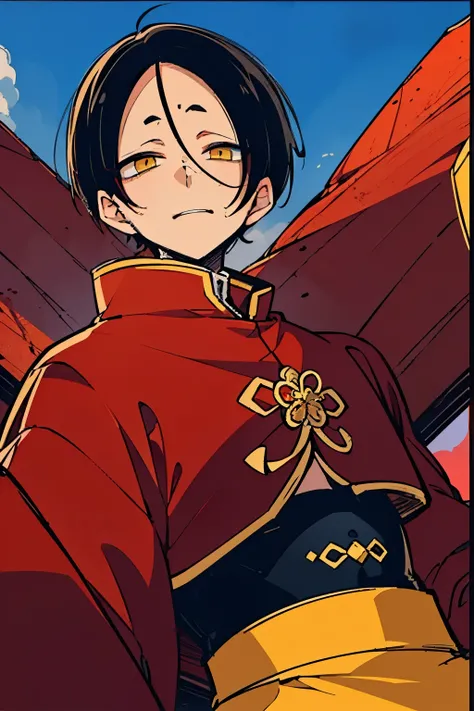 (masterpiece, best quality:1.2), hui xiyi,1boy,hair between eyes,looking at viewer,sash,short hair,solo,yellow eyes, chinese clothes, rekkyo sensen,forehead,short eyebrow, red jacket, black underwear, background((sky, blue sky, flower))