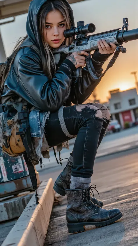 (masterpiece, best quality:1.2), A rebellious female gang member, early 20s, with a determined glare, crouched behind a bullet-scarred gas pump at a trashed Los Santos gas station at twilight, aiming a sleek assault rifle with deadly focus. Her torn hoodie...