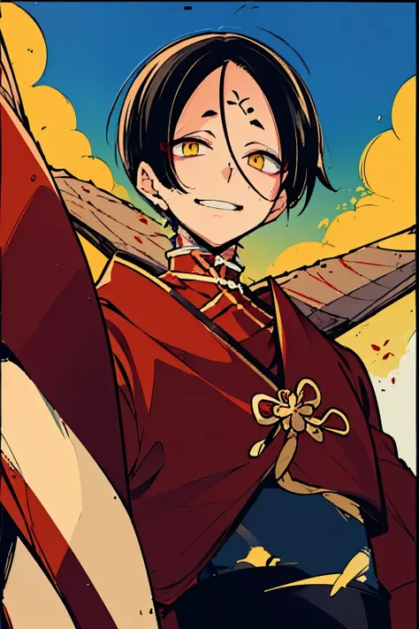 (masterpiece, best quality:1.2), hui xiyi,1boy,hair between eyes,smile, looking at viewer,sash,short hair,solo,yellow eyes, chinese clothes, rekkyo sensen,forehead,short eyebrow, red jacket, black underwear, upper body, background((sky, blue sky, flower))