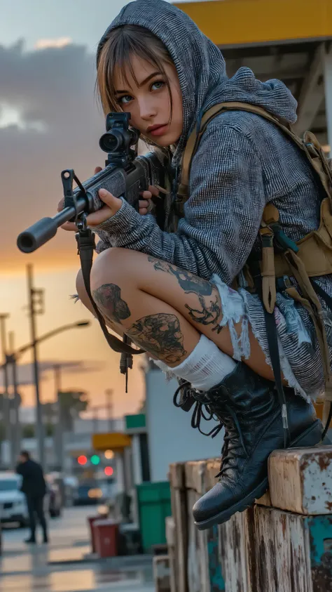 (masterpiece, best quality:1.2), A rebellious female gang member, early 20s, with a determined glare, crouched behind a bullet-scarred gas pump at a trashed Los Santos gas station at twilight, aiming a sleek assault rifle with deadly focus. Her torn hoodie...