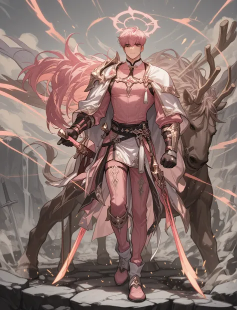 Full hd , pink hair ,8k , stick to sample photos , clear face , handsome , manhwa , Small Faces , sword handle