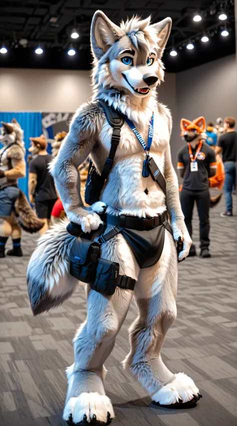 full body, fursuit, male, grey, grey limbs wolf, blue eyes, lanyard around neck, black fanny pack, furry convention background
