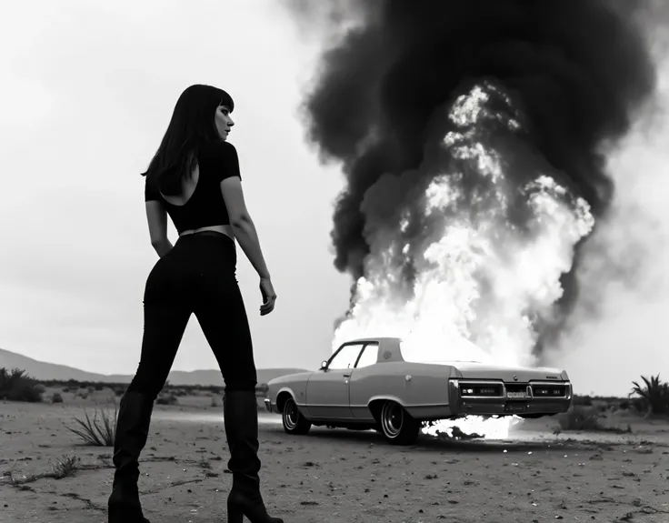 Cinematic black-and-white photography, low-angle shot of a striking woman standing in the foreground with her back to the viewer, exuding confidence and dominance. She is dressed in a tight-fitting black outfit—short-sleeved top with a plunging neckline, ...
