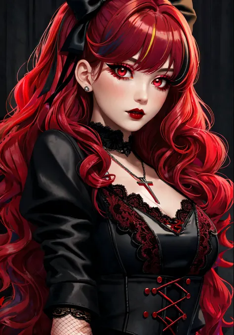 masterpiece, best quality, 1girl, solo, long hair, curls, multicolored hair,two-tone hair, red hair, bangs, red eyes, makeup, red lips, lipstick, vampire, mascara, eyeshadow, cross necklace, hair bow, front bow, lace jacket, lace gloves, fishnets, black le...