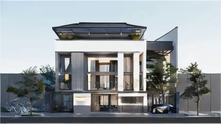 RAW photo, a photo of a modern villa with a car parked in front of it, ((1/2 dark grey wood facade)), architectural shot, gate, road, viet nam modern residence, rough white wall, new residential area, wide angle exterior 2022, contemporary house, exterior ...