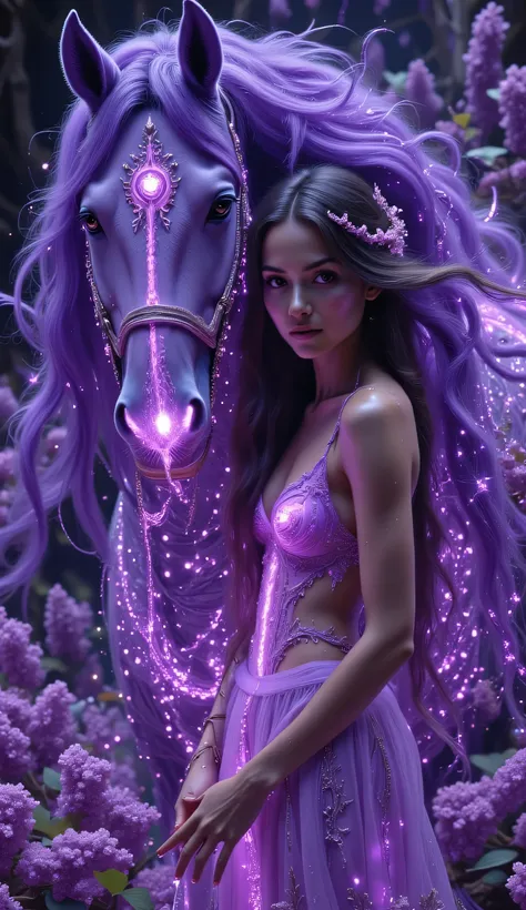 Create a highly detailed, hyperrealistic double exposure painting of a majestic, neon-glowing celestial horse with a royal purple mane, looking directly at the camera. The horse's coat is adorned with intricate Swarovski crystals and emitting diodes, creat...