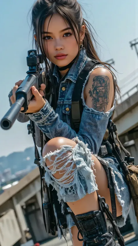 (masterpiece, best quality:1.2), A bold female anti-hero, early 20s, with a piercing glare, positioned on a bullet-riddled motorcycle on a Los Santos coastal highway overpass at dusk, aiming a compact submachine gun with deadly focus. Her ripped denim vest...