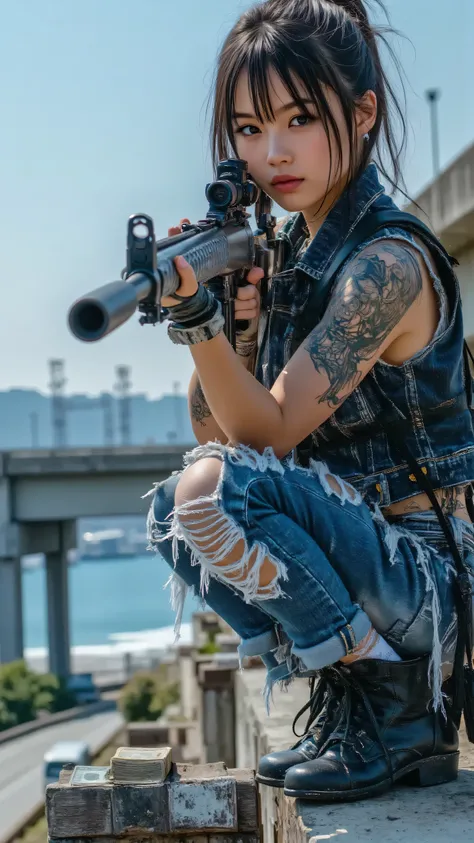 (masterpiece, best quality:1.2), A bold female anti-hero, early 20s, with a piercing glare, positioned on a bullet-riddled motorcycle on a Los Santos coastal highway overpass at dusk, aiming a compact submachine gun with deadly focus. Her ripped denim vest...