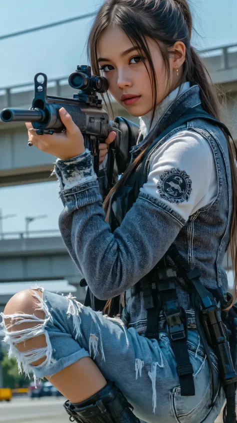 (masterpiece, best quality:1.2), A bold female anti-hero, early 20s, with a piercing glare, positioned on a bullet-riddled motorcycle on a Los Santos coastal highway overpass at dusk, aiming a compact submachine gun with deadly focus. Her ripped denim vest...