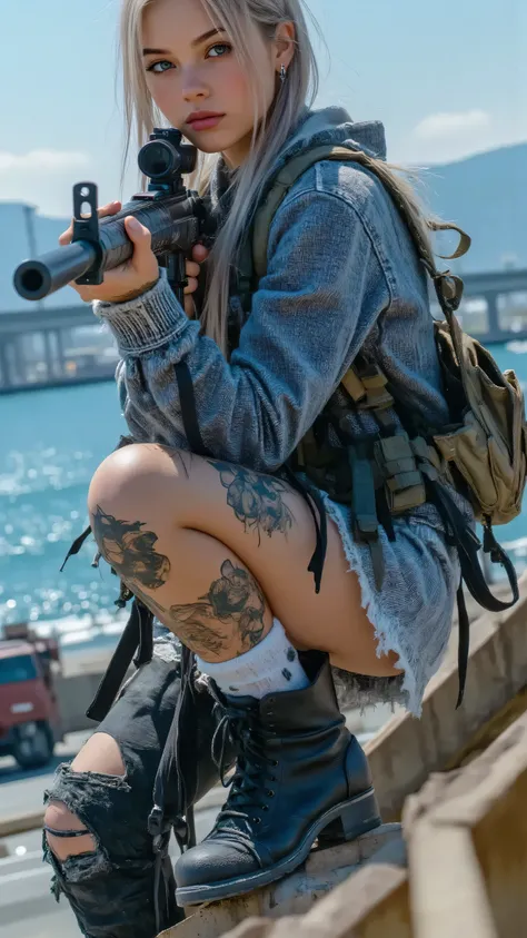 (masterpiece, best quality:1.2), A bold female anti-hero, early 20s, with a piercing glare, positioned on a bullet-riddled motorcycle on a Los Santos coastal highway overpass at dusk, aiming a compact submachine gun with deadly focus. Her ripped denim vest...