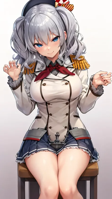 NSFW,((1man with 1woman,Having sex)),(supright straddl),hug,乳首,bared  chest,Revealing clothes, ​masterpiece, top-quality,kashima, kashima\(kancolle\), white  hair, blue eyess, hair wavy, Twin-tailed, tsurime eyes, beret, epaulette, frilly sleeves, jaket,, ...