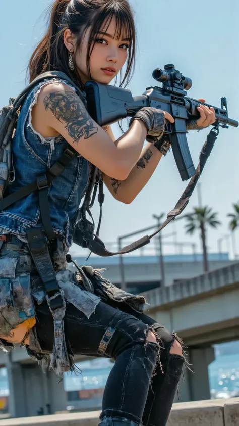 (masterpiece, best quality:1.2), A bold female anti-hero, early 20s, with a piercing glare, positioned on a bullet-riddled motorcycle on a Los Santos coastal highway overpass at dusk, aiming a compact submachine gun with deadly focus. Her ripped denim vest...