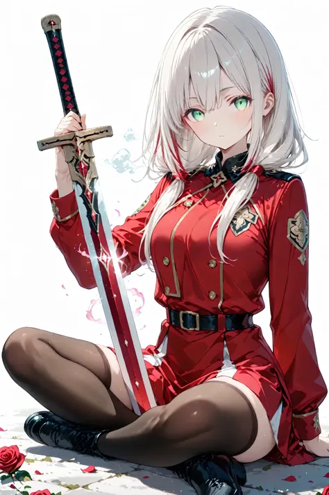 (watercolor:0.4)、( pastel :0.6)、 1 girl 、long dark-haired twins with pale red accents in their hair、A knight in a red rose uniform、 green eyes。sit on the ground in a relaxed position with your sword by your side、 take a deep breath 。Red roses and dim air...