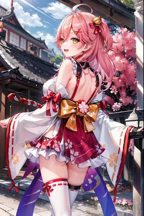 masterpiece, best quality, highres, miko1, sakura_miko, 1girl, big_, solo, ahoge, x_hair_ornament, light_red_hair, floral print, hairclip,(side_less_clothes:1.5), (side_:1.5), hair_bell, floral print, long_hair, hair between eyes, one side up, white thighh...