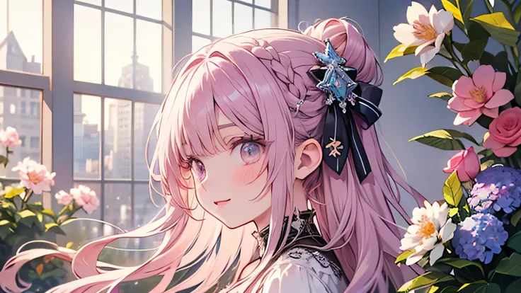 Natural light, Floating Hair, A kind smile, profile, Pale pink hair, Spring flower, on left, solo, half of one's face