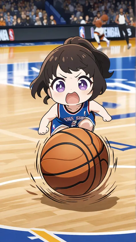 NBA, basketball game scene, cute girl chibi character the same size as the ball, running and dribbling the ball, anime style illustration, (motion blur, action blur:0.5), ultra detailed, absolutely resolution, masterpiece