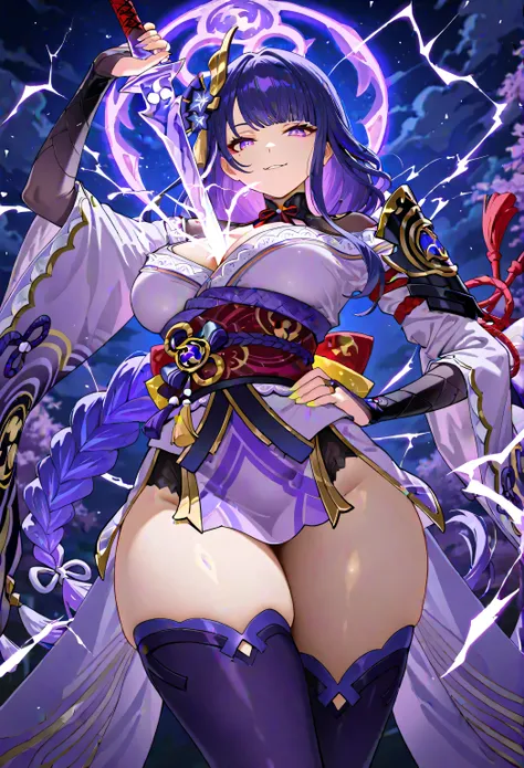 masterpiece, best quality, newest, absurdres, highres, 1girl, purple hair, braided ponytail, braid, purple eyes, mole under eye, large breasts, hair ornament, voluptuous body, wasp waist, curved waist, heavy bottom, fat ass, (curvy), vision \(genshin impac...