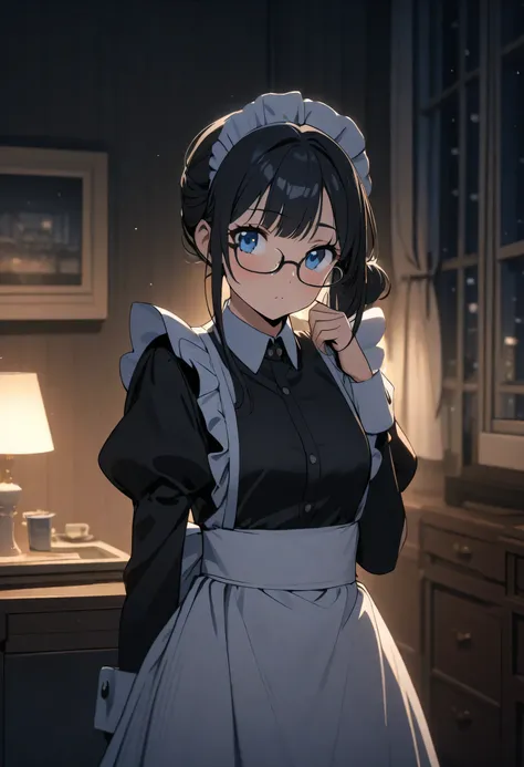 Maid, woman, blue eye, black hair, half ponytail, glasses, beautiful, 4k, quiet, perfect maid, room, night 