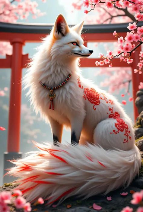 a hyper realistic and hyper detailed image of a large fox in an elaborate and dynamic movement. The fox with long, white fur, flowing like fire, with red paint on its body in fine, delicate patterns, with many adornments such as earrings and strings of bea...