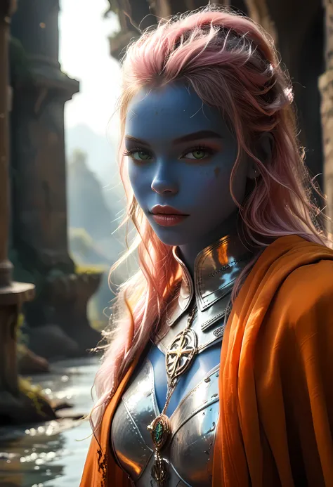 picture of a female cleric ((dark blue skin)), intense details facial details, exquisite beauty, cleric, ((dark blue skin)) female, ((pink hair)), long hair, (((no ears))), (green eyes)), armed with a fiery sword red fire, wearing (twilight priestly combat...