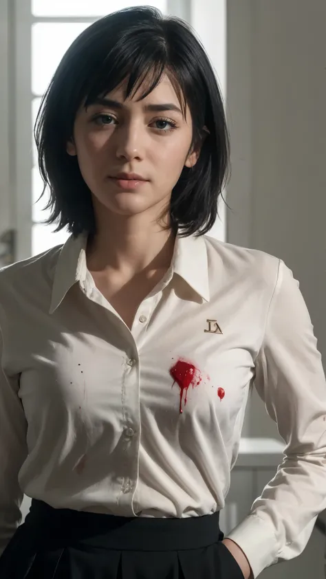 (masterpiece), best quality, expressive eyes, perfect face, himeno, chainsawman, Aqua eyes, short black hair, Greek Greece woman, nosebleed, wound, investigation background, thighs, depression face begging, slim, sweat, HD, CIA, white bra, high libido, ope...