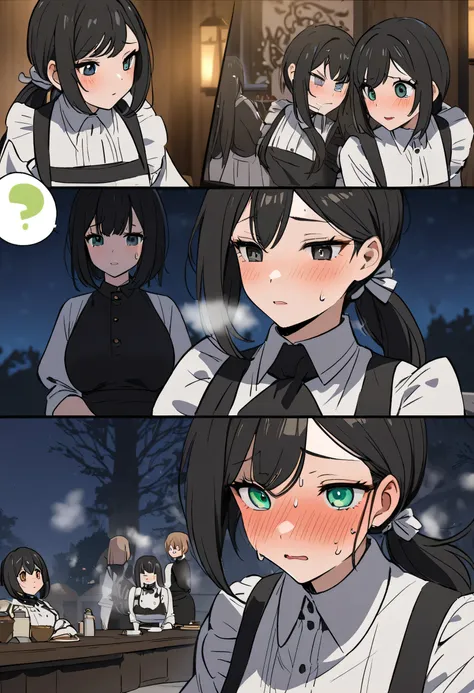 housekeeper, wanita ,  Mata Biru , black hair, half ponytail, Kacamata, cantik, 4K, tenang, perfect maid, kamar, night, fantasy guild waiter, faces cold sweat confusion