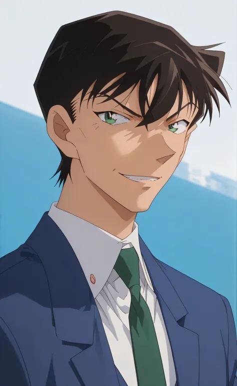1male,solo,touji_fushiguro, black hair, green eyes,short hair,hair between eyes,bang,blue suit,Green necktie,white shirt,Blue pants,smirk,portrait,tokyo background ,Detective Conan, 