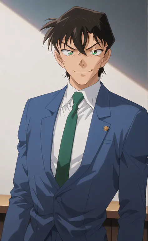 1male,solo,touji_fushiguro, black hair, green eyes,short hair,hair between eyes,bang,blue suit,Green necktie,white shirt,Blue pants,smirk,portrait,tokyo background ,Detective Conan, 