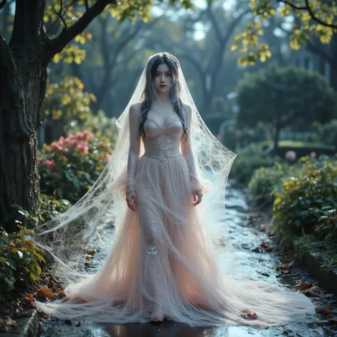 Ancient Handmaiden，flowing in pale pink tulle，Rhododendron
Night has finally come。
Moonlight falls in a secret garden，Every inch of wet petals、every climbing vine，Ghostly。

are lined with silver in the center of the garden，like a statue of a cocoon-woven s...
