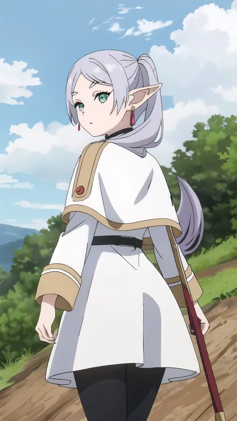 ((highest quality)),((Very detailed)),masterpiece,Absurd,Detailed face,Beautiful Face,(Fine grain, small_Eye light, Deep Eyes),One girl((Dynamic pose)),  Freezing, Pointed Ears, White capelet, staff, alone, Fairy, Earrings, jewelry, Green Eyes, Long Hair, ...