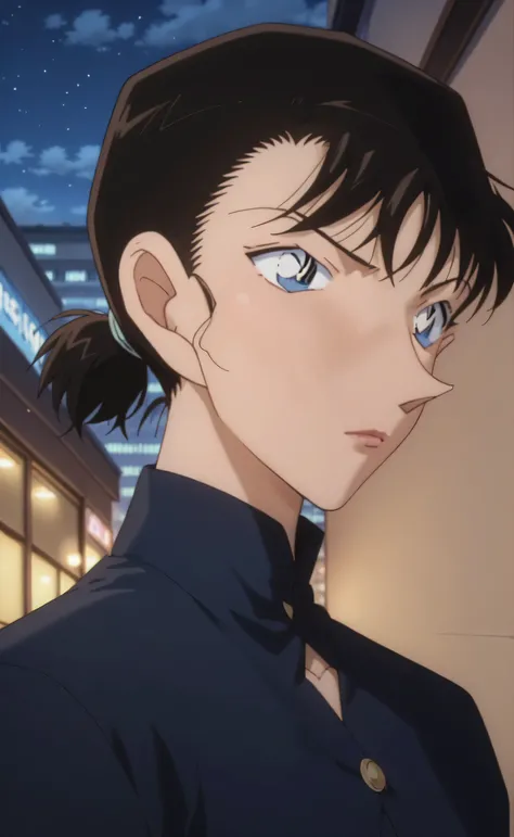 1female,solo,terumi_hoshino, black hair, blue eyes,short ponytail,black dress,portrait,tokyo background,night,Detective Conan,
