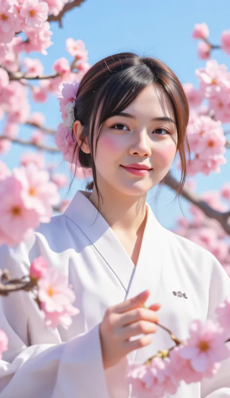 highdefinition images((Masterpiece ))、( Surrounded by cherry blossoms )an anthropomorphic cherry angel woman wearing a white lady's robe、staring at intricate details、is flying in the sky、Delicate Smile of Joy、The Sky Behind、pink、Beautiful feathers、Detaile...