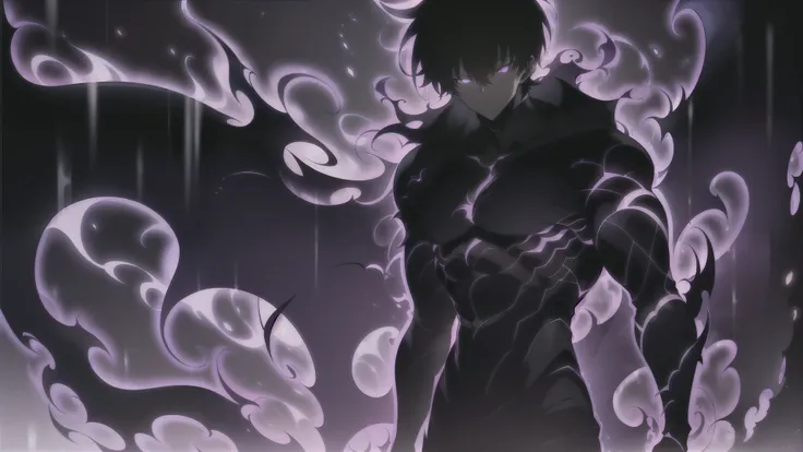 Super-detailed 8K masterpiece full-body portrait of a lone male assassin character inspired by Kaneki Ken in Tokyo Ghoul, laugh confidently, cruel, in the art style of Solo Leveling. short black hair, glowing purple eyes, pale skin , cinematic light, Str...
