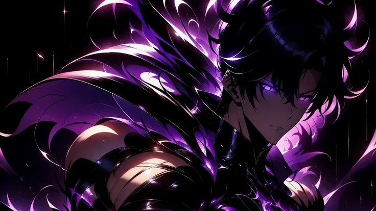 Super-detailed 8K masterpiece full-body portrait of a lone male assassin character inspired by Kaneki Ken in Tokyo Ghoul, laugh confidently, cruel, in the art style of Solo Leveling. short black hair, glowing purple eyes, pale skin , cinematic light, Str...