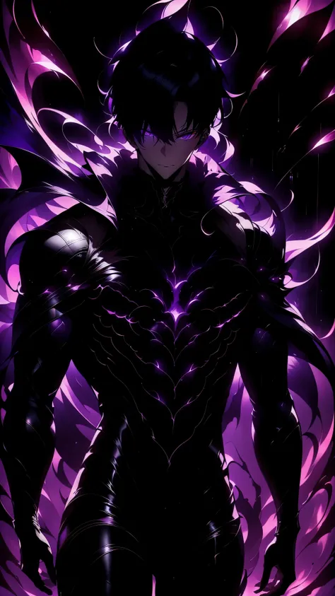 Super-detailed 8K masterpiece full-body portrait of a lone male assassin character inspired by Kaneki Ken in Tokyo Ghoul, laugh confidently, cruel, in the art style of Solo Leveling. short black hair, glowing purple eyes, pale skin , cinematic light, Str...