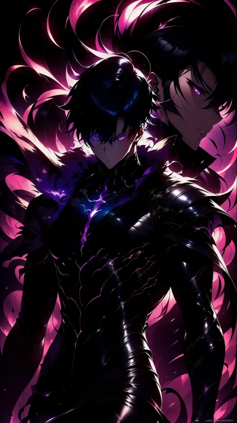 Super-detailed 8K masterpiece full-body portrait of a lone male assassin character inspired by Kaneki Ken in Tokyo Ghoul, laugh confidently, cruel, in the art style of Solo Leveling. short black hair, glowing purple eyes, pale skin , cinematic light, Str...