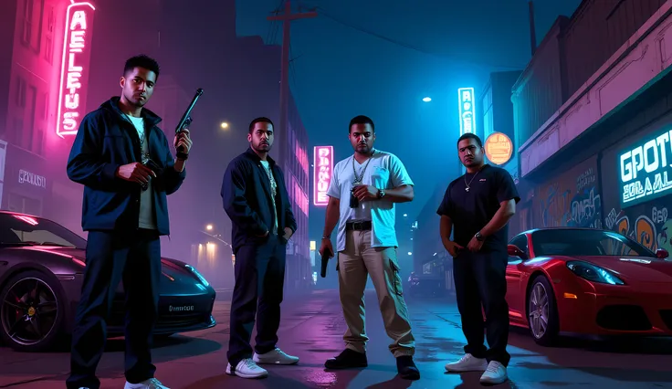 A cinematic gang war scene inspired by GTA V, taking place in a neon-lit urban alley at night. Stylish gang members in unique streetwear outfits stand off with weapons drawn, surrounded by graffiti-covered walls, luxury sports cars with open doors, and fli...