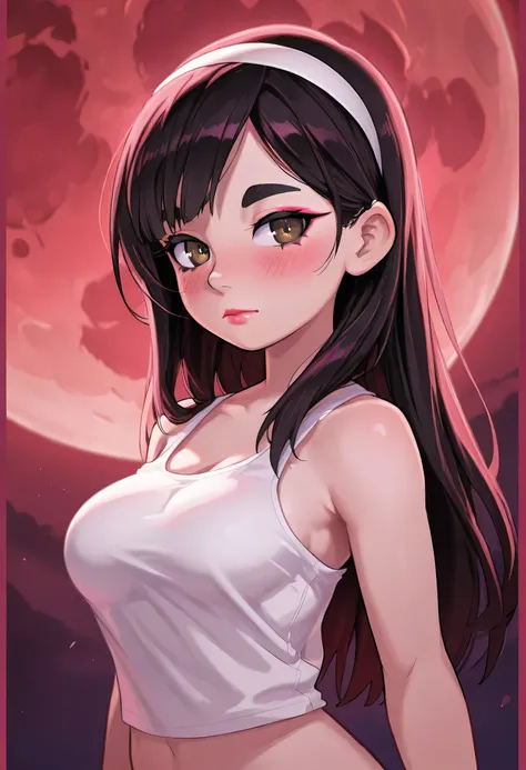 (red moon:1.2), perfect face, long hair, black straight hair, headband, white headband, black natural eyebrows, big brown eyes, black eyeliners, pink blush, nose, bright red thick lipstick, closed mouth, beautiful girl, medium breasts, white tank top