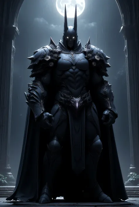 Create a medieval version of Batman, with him wearing dark, weathered armor that combines elements of a knight's suit with his signature bat-themed aesthetic. The armor should be dark gray or black, crafted from forged metal with sharp angular shapes and s...
