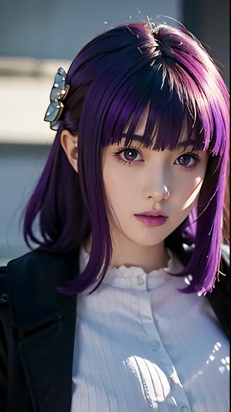 1 girl, alone, , age, FernBase, BREAK , white dress, black coat, pink lips, purple pupils, (purple hair: 1.5), very long hair, side bangs, hair ornament, purple eyes, long hair, half-up, slim body, short stature, (huge breasts, sagging breasts), detailed f...