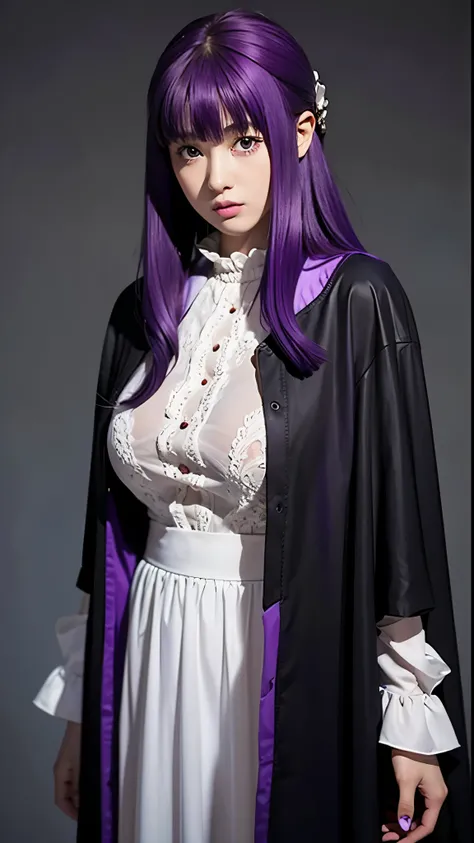 1 girl, alone, , age, FernBase, BREAK , white dress, with a black cape, pink lip, purple pupils, (purple hair: 1.5), very long hair, side strands, hair ornament, purple eyes, long hair, half-up, slender body, short stature, (huge breasts, sagging breasts),...