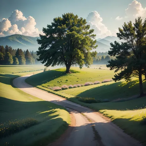 A quiet country road illuminated by early morning sunlight, Green leaves gently swaying in the breeze. Fields are full of green wheat，lively, Vibrant vibes. A block of ice floats in the distance , Little birds singing happily on the branches, Welcome to th...